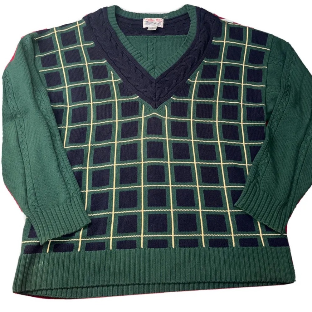 Tally-Ho green blue checkered plaid sweater XL men’s Cable Knit golf preppy VTG